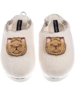 Laines London Neutrals Flatform Cloud Slippers With Double Ginger Persian Cat Brooches - Metallic