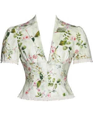 Miss Circle New York Zanella Floral Print Lace Trim Linen Top - Green