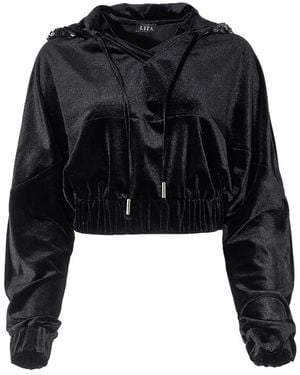 Lita Couture Short Hooded Velvet Sweatshirt - Black