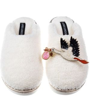 Laines London Neutrals Cream Teddy Closed Toe Slippers With Baby Girl Stork Brooches - White