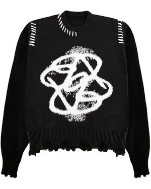 X Ilona Blue Legacy Logo Cotton Distressed Fuzzy Knit Raw Cut Jumper - Black