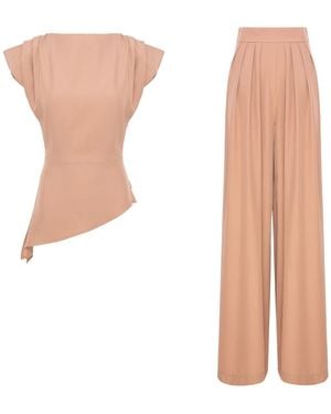 BLUZAT Neutrals Caramel Set With Top And Palazzo Pants - White