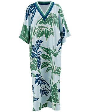 Loveist Mağazasi Lissa Silky Touch Tropical Patterned Long Sleeve Satin Kaftan-Abaya-Cover Up - Green