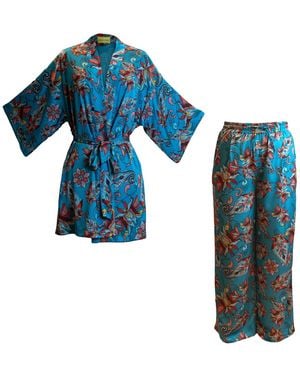 Janara Jones Floral Paisley Printed Satin Matching Set - Blue