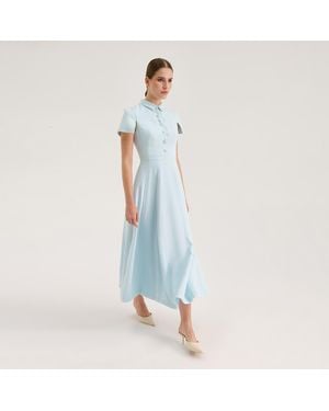 Avenue 8 Structured Sleeve Button-Front Fitted Midi Flared Dress - Blue