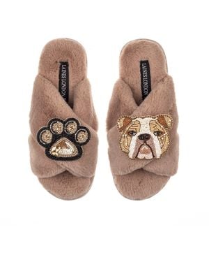 Laines London Classic Laines Slippers With Mr Beefy The Bulldog & Paw Brooches - Brown