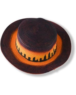Heartfelt Layers New York City Skyline Hand-Painted Woven Straw Sun Hat, Cityscape Summer Beach Cap - Orange