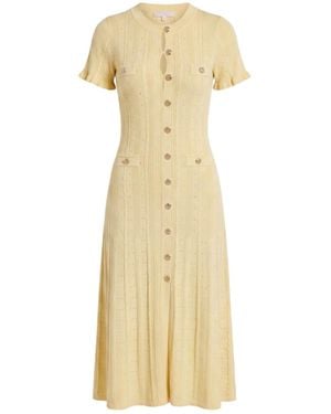 Modenaire Button Front Knit Midi Dress With Short Sleeves And Textured Detail - Metallic
