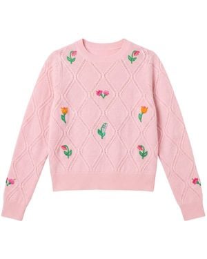 Brodie Cashmere Lightweight Floral Stitch Cashmere Crew - Pink
