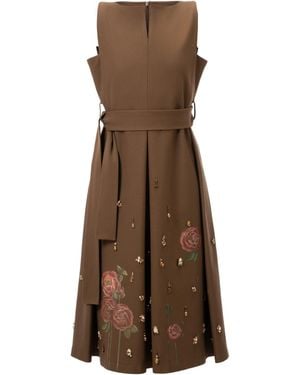 Rondooz Hand Painted Twill Gabardine Midi Dress With Hand Applied Embellishment - Brown