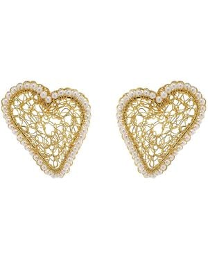 Lavish by Tricia Milaneze Neutrals Pearl & Amour Mesh Posts Handmade Crochet Earrings - Metallic