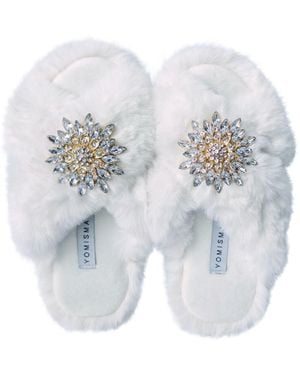Yomisma Eco Faux Fur Slippers – Recycled Faux Fur + Clear Brooch Embellishment - White