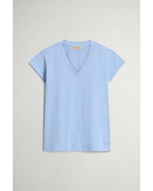 Woolrich Camiseta Con Cuello De Pico De Puro Algodón Flameado Para Mujer Talla - Azul