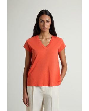 Woolrich Camiseta Con Cuello De Pico De Puro Algodón Flameado Para Mujer Talla - Rojo