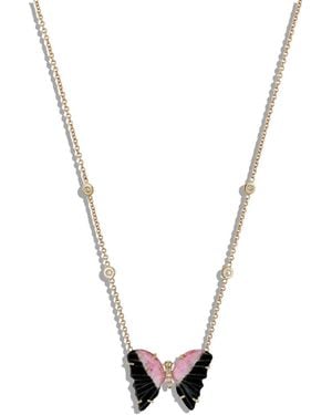 Jacquie Aiche Watermelon Tourmaline Pave Diamond Butterfly Yellow Gold Necklace - Metallic