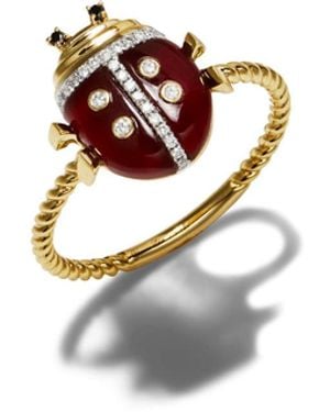 Yvonne Léon Red Agate Mini Ladybug Yellow Gold Ring - White