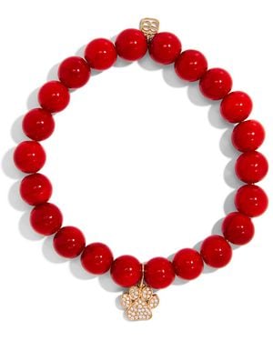 Sydney Evan Pave Animal Paw On Red Bamboo Coral Beaded Bracelet