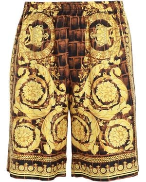 Versace Barocco-Print Silk Shorts With-Tone Accents - Yellow