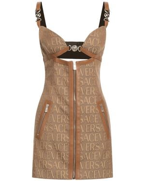 Versace Versatile Monogram Mini Dress With Leather Trims - Brown