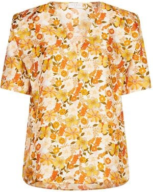 Sandro Floral-Print Silk V-Neck Top - Yellow