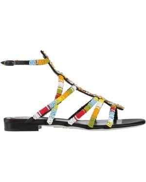 Rene Caovilla Beaded Leather Flat Sandals - Black