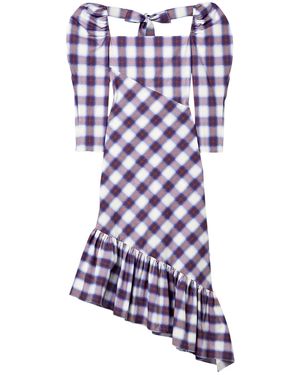 Pushbutton Asymmetric Ruffled Checked Cotton-poplin Midi Dress - Purple