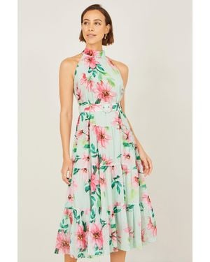Yumi' Mint Floral Halter Neck Midi Dress With Matching Belt - White