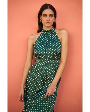 Yumi' Spot Print Halter Midi Dress With Matching Belt - Green