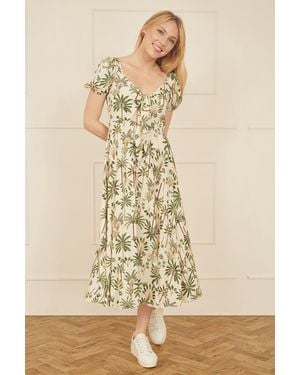 Yumi' Cotton Palm Print Ruched Midi Dress - Natural