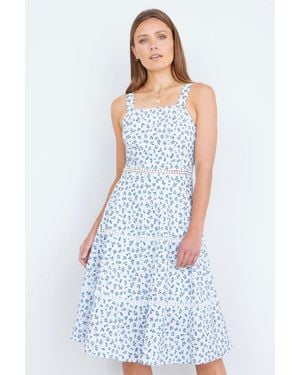 Yumi' Ditsy Floral Cotton Midi Sun Dress With Lace Trims - Blue