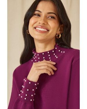 Mela Plum Pearl Detail High Neck Jumper - Purple