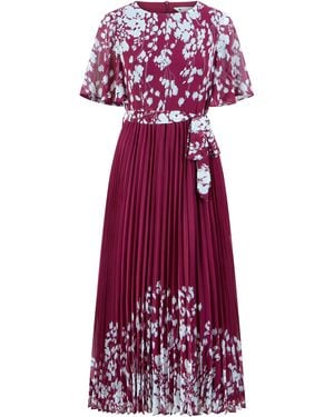 Yumi' Mirror Floral Design Pleated Midi Dress - Purple