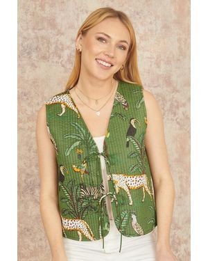 Yumi' Animal Reversible Cotton Quilted Waistcoat - Green