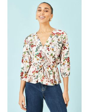 Yumi' Viscose Botanical Print Wrap Top - White