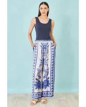 Yumi' Satin Print Placement Relaxed Trousers - Blue