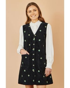 Yumi' Flower Embroidered Button Up Pinafore Dress - Black