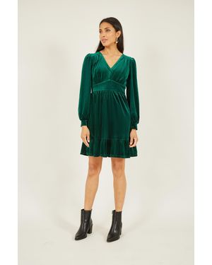 Yumi' Velvet Long Sleeve Skater Dress - Green