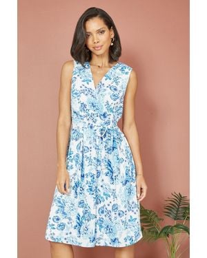 Mela Floral Wrap Over Skater Dress - Blue