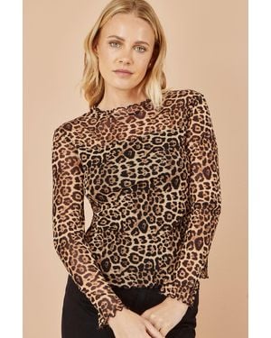 Yumi' Leopard Print Mesh Stretch Fitted Top - Brown