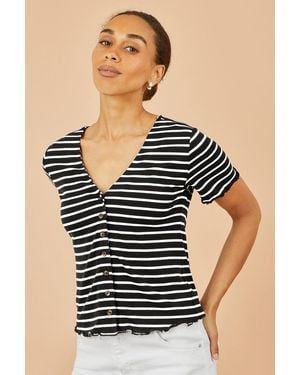 Yumi' Striped Cotton Jersey Lettuce Trim T-Shirt - Black