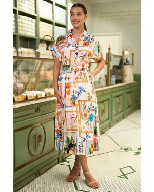 Yumi' Tropical Postcard Print Relaxed Midi Shirt Dress - Green