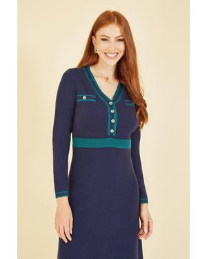 Yumi' Knitted Dress With Contrast Waistband And Button Detail - Blue