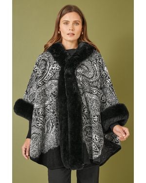 Yumi' Faux Fur Trim Paisley Print Cape - Black