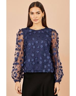 Yumi' Sheer Sleeve Applique Flower Top - Blue