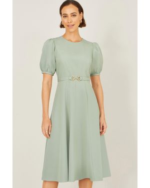 Yumi' Mint Skater Dress With Puff Sleeves And Buckle Detail - Green