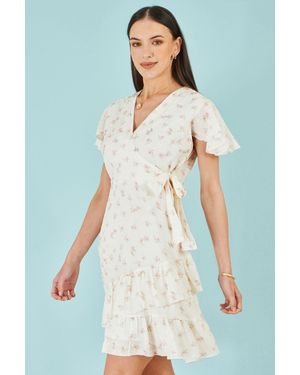 Yumi' Rose Print Wrap Over Frill Dress - White