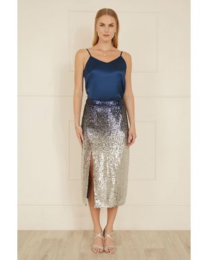 Yumi' And Sequin Split Fitted Midi Skirt - Blue