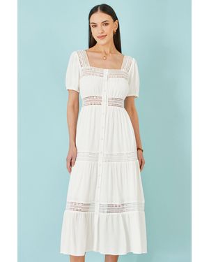 Yumi' Cotton Square Neckline Lace Midi Dress - Blue
