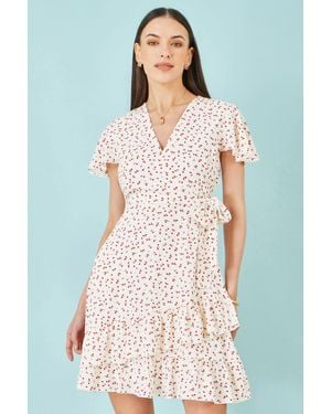 Yumi' Ditsy Print Frill Wrap Dress - White