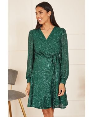Mela Sequin Long Sleeve Frill Wrap Dress - Green